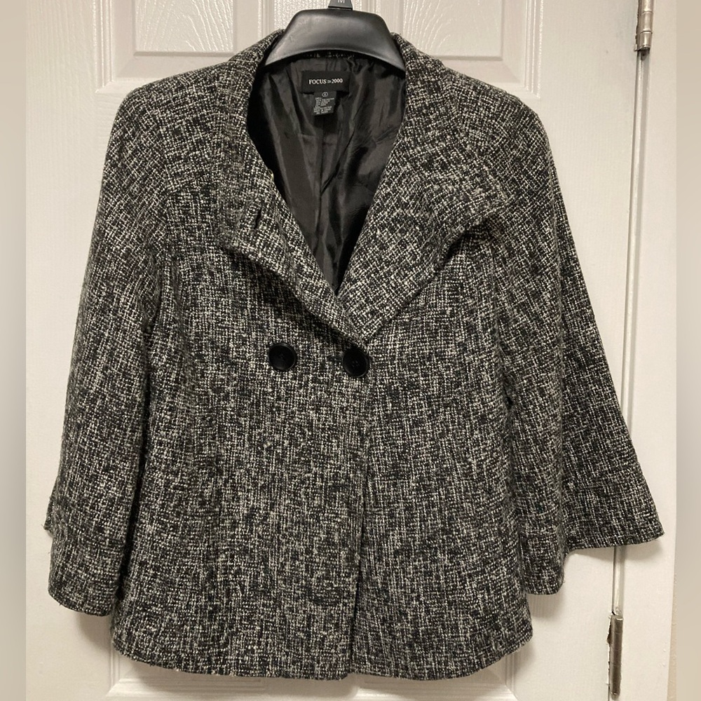 *Focus 2000 Vintage Wool Brand Size 8 Black & White Tweed Pea Coat Jacket #IR